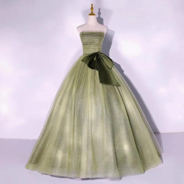 Elegant Olive Green Strapless Evening Gown with Bow