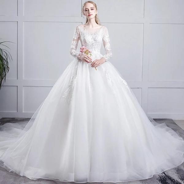 Elegant Long Sleeve Lace Bridal Gown with Train