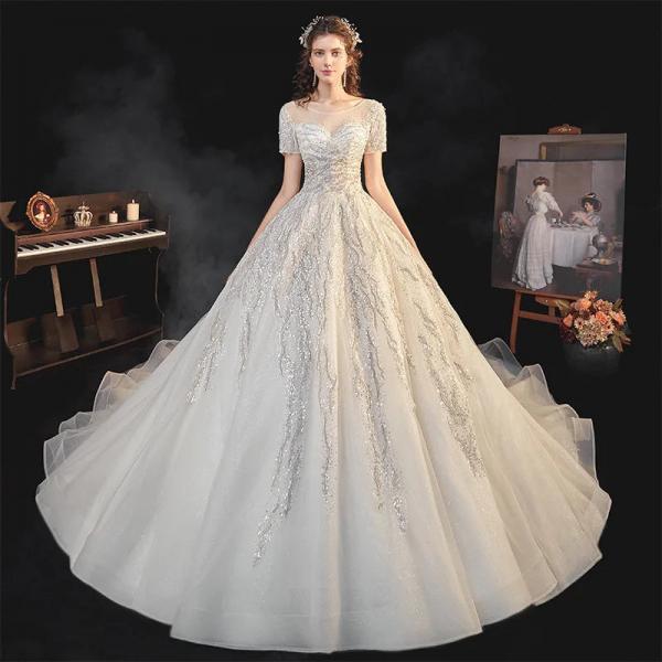 Elegant Off-Shoulder Lace Bridal Gown with Train