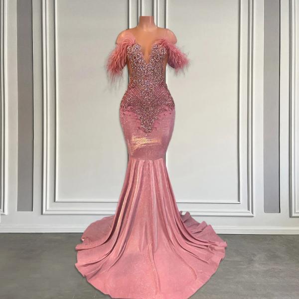 Elegant Pink Feather Sleeve Sequin Mermaid Evening Gown