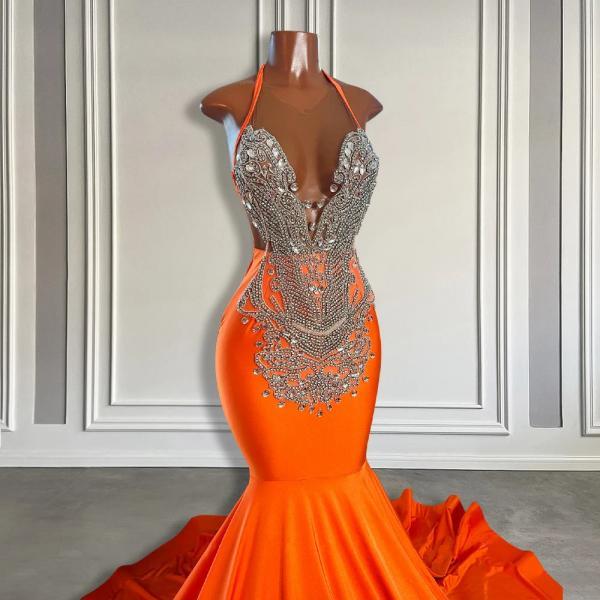 Elegant Orange Mermaid Gown with Beaded Bodice Detail