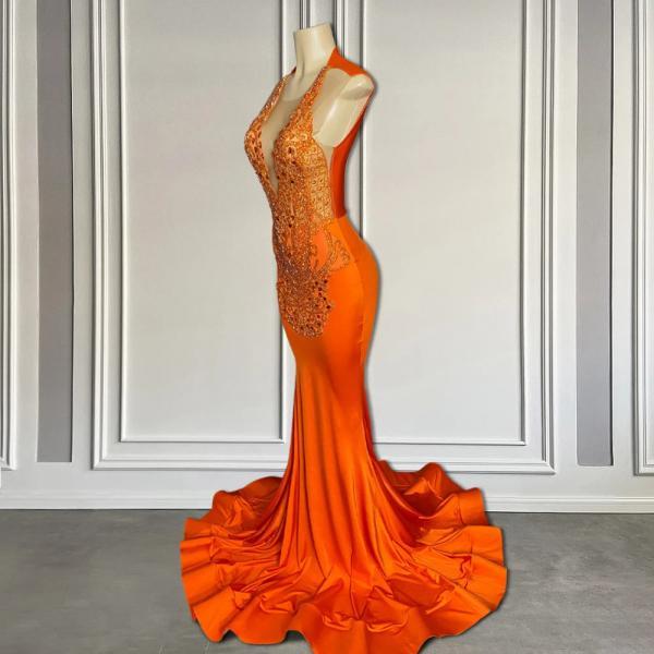 Elegant Orange Mermaid Gown with Beaded Embellishments
