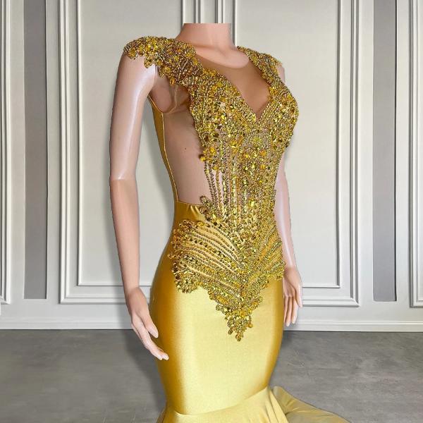 Luxury Gold Sequin Embellished Evening Gown with Sleeves