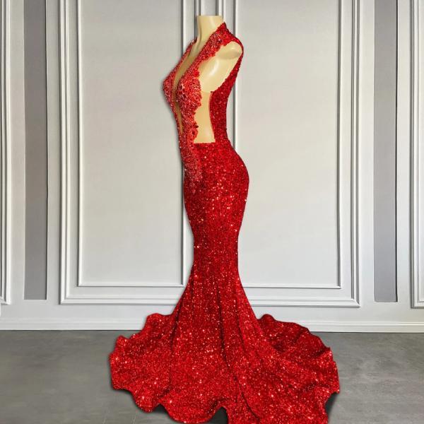 Elegant Red Sequin Mermaid Evening Gown with Train