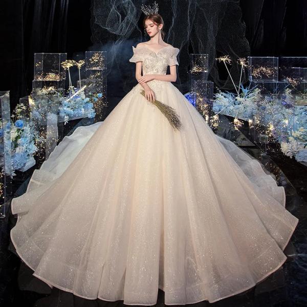 Elegant Off-Shoulder Sparkling Tulle Bridal Gown