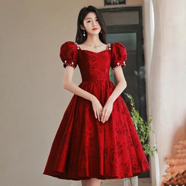 Elegant Red Lace Puff Sleeve Cocktail Midi Dress