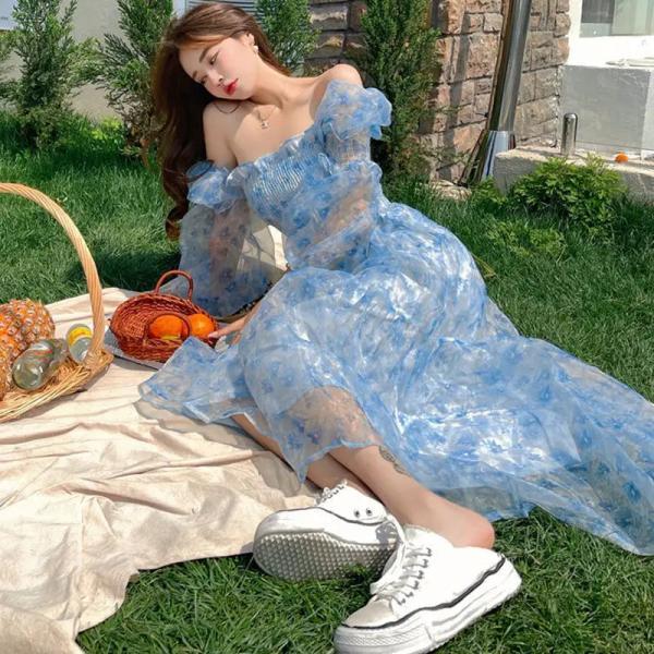 Blue Floral Off-shoulder Maxi Picnic Dress on Luulla