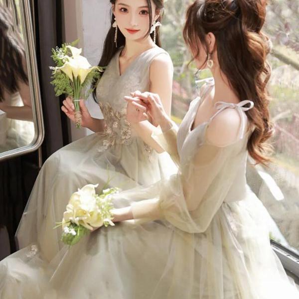 A Line V Neck Backless Bridesmaid Dresses, Simple Tulle Evening Dress main image 1