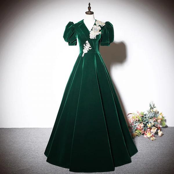 green velvet victorian dress Dark Green Velvet with Puffy Sleeves Tulle Prom Dresses, A-line Green Party  Dresses Formal Dress