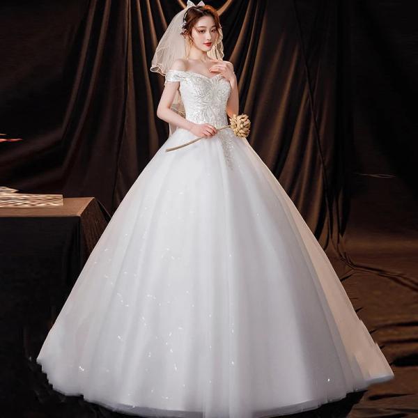 Elegant Lace Off The Shoulder Ball Gowns Satin Wedding Dresses main image 0