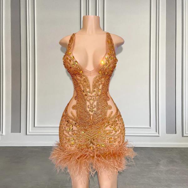 Sparkling Gold Sequin Dress With Feather Detailing on Luulla