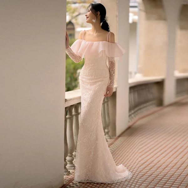Satin A-Line Gown with Off-Shoulder Folded Neckline Ink Blue main image 1
