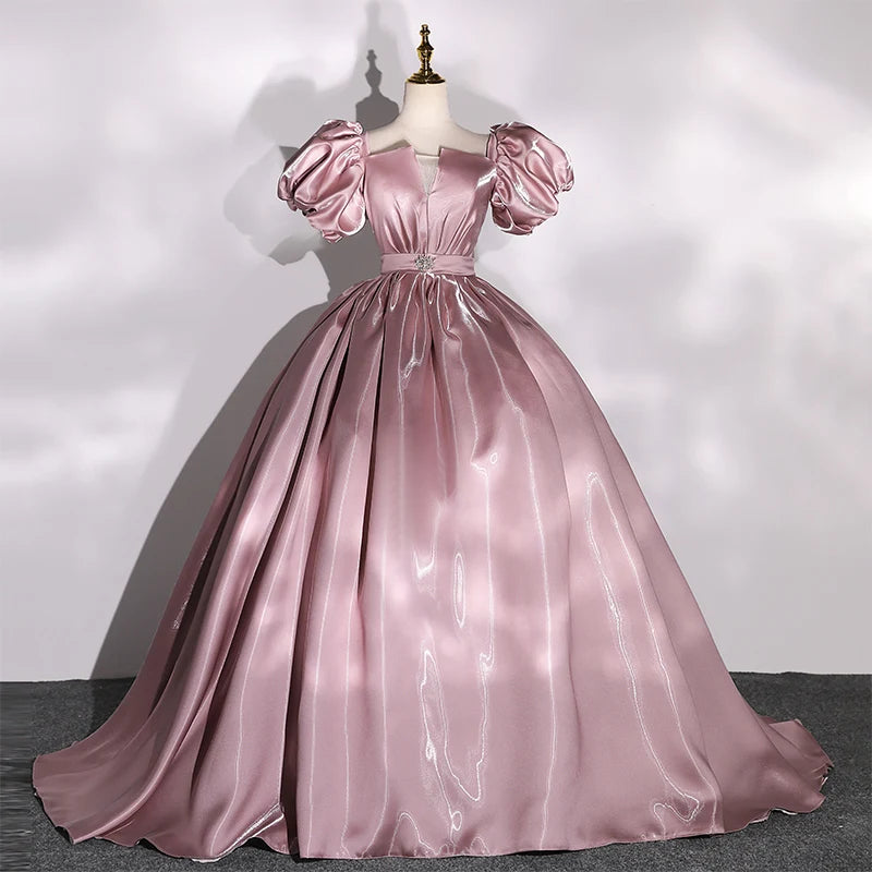 Elegant Satin Ball Gown With Puffed Sleeves And Train on Luulla