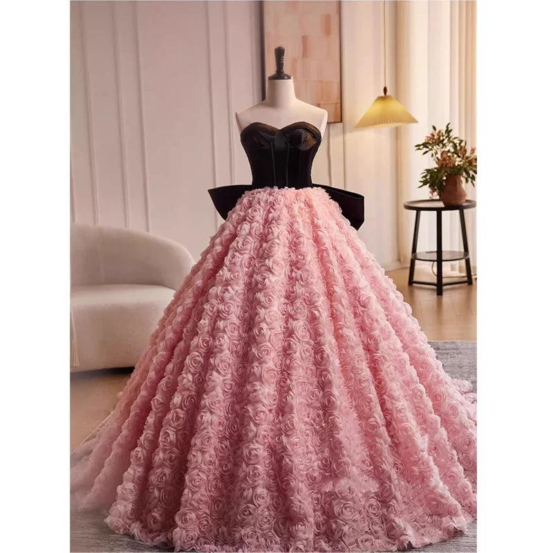 PINK BALL GOWN WITH FLORAL APPLIQUE