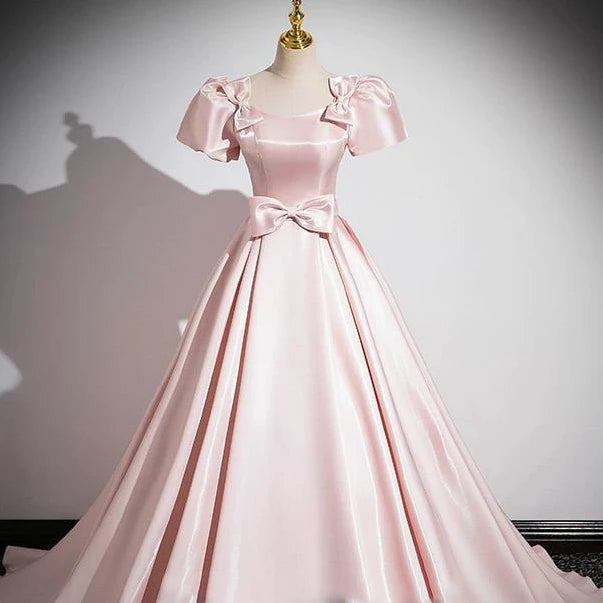 Classy Bow Off The Shoulder Pink Satin Beaded Appliques Long Party Dress Evening Gown main image 0