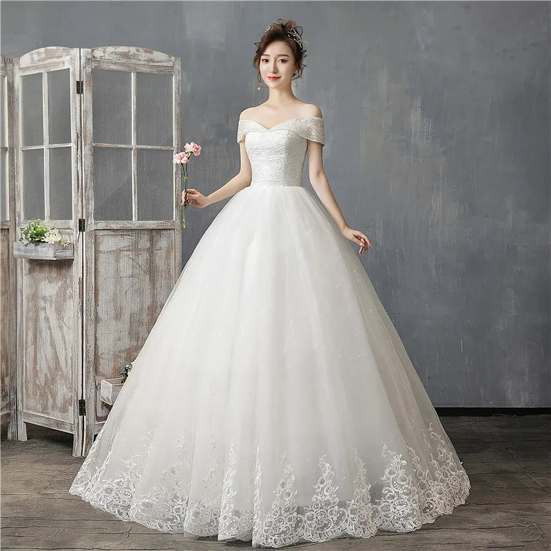 Elegant Off-shoulder Lace Bridal Gown With Train on Luulla