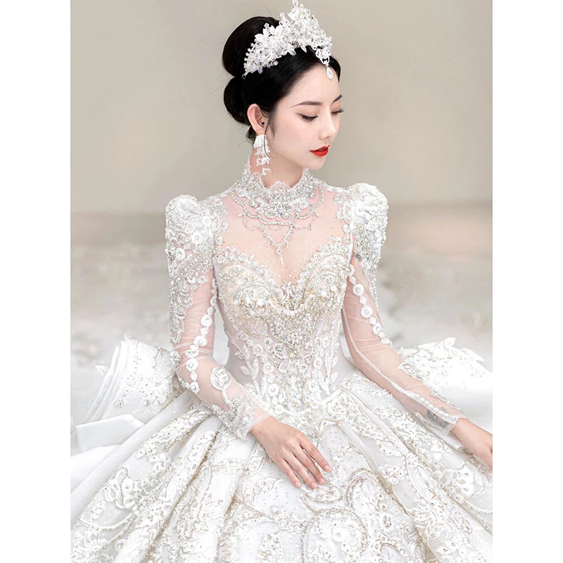 High Neck, Long Sleeve Beaded Gown