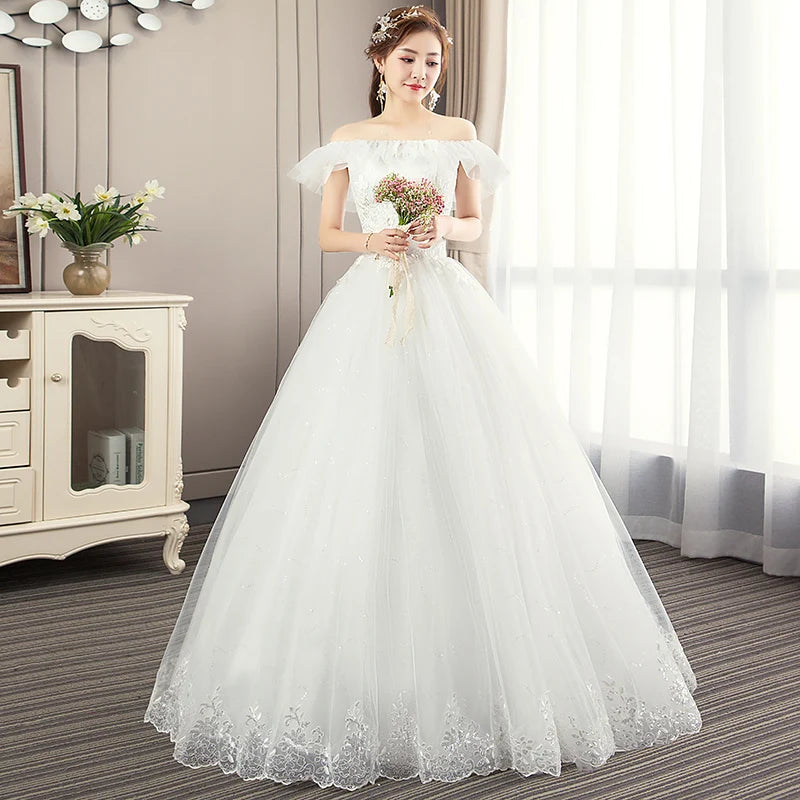 Elegant Lace Off The Shoulder Ball Gowns Satin Wedding Dresses main image 1