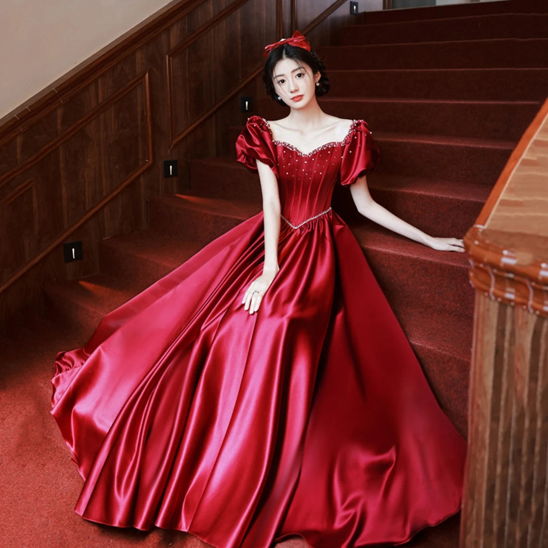 Elegant Satin Puff Sleeve Red Evening Gown For Women on Luulla