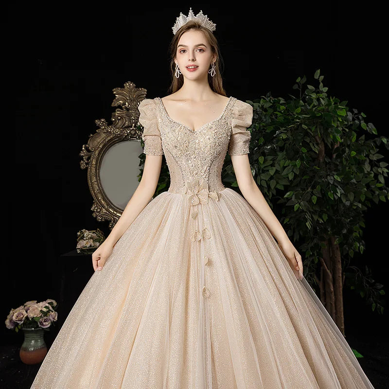 Elegant Beaded Ball Gown Wedding Dress With Sleeves on Luulla