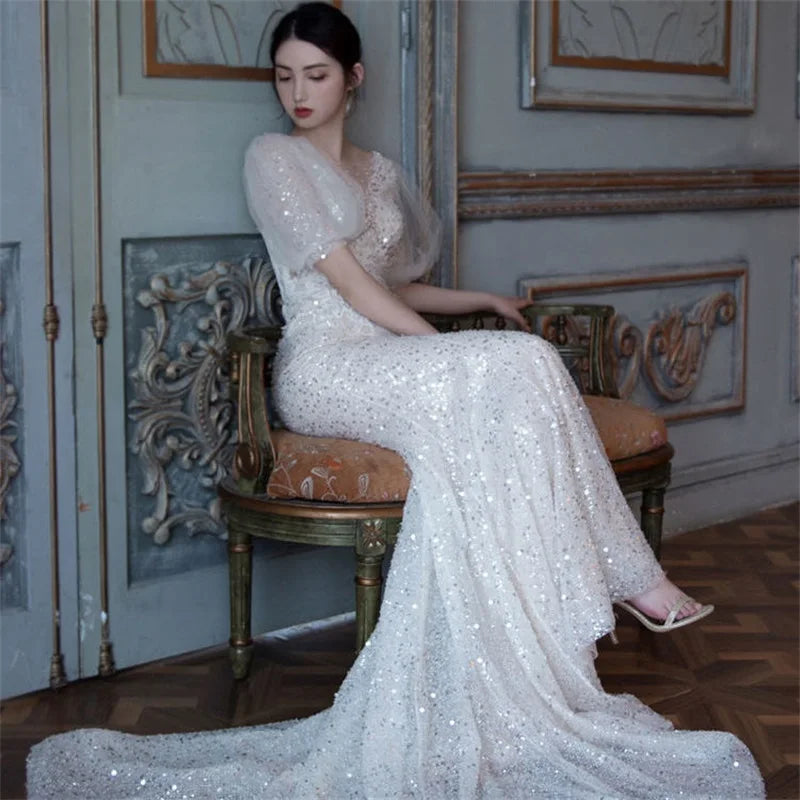 Womens Elegant Sequined Evening Gown With Sheer Sleeves on Luulla