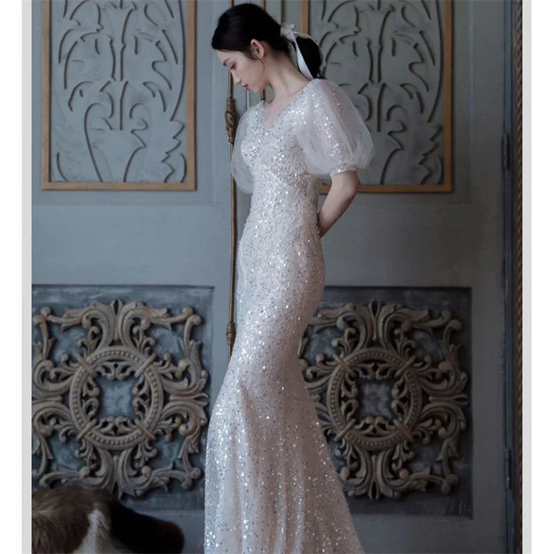Womens Elegant Sequined Evening Gown With Sheer Sleeves on Luulla
