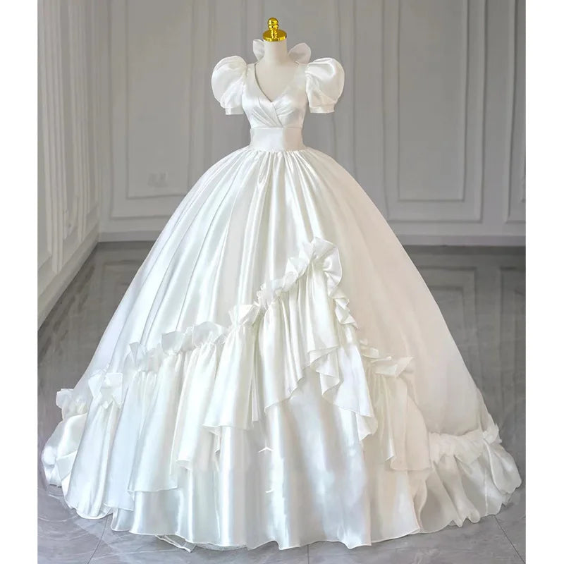 Elegant Puff Sleeve Bridal Gown With Ruffled Skirt on Luulla