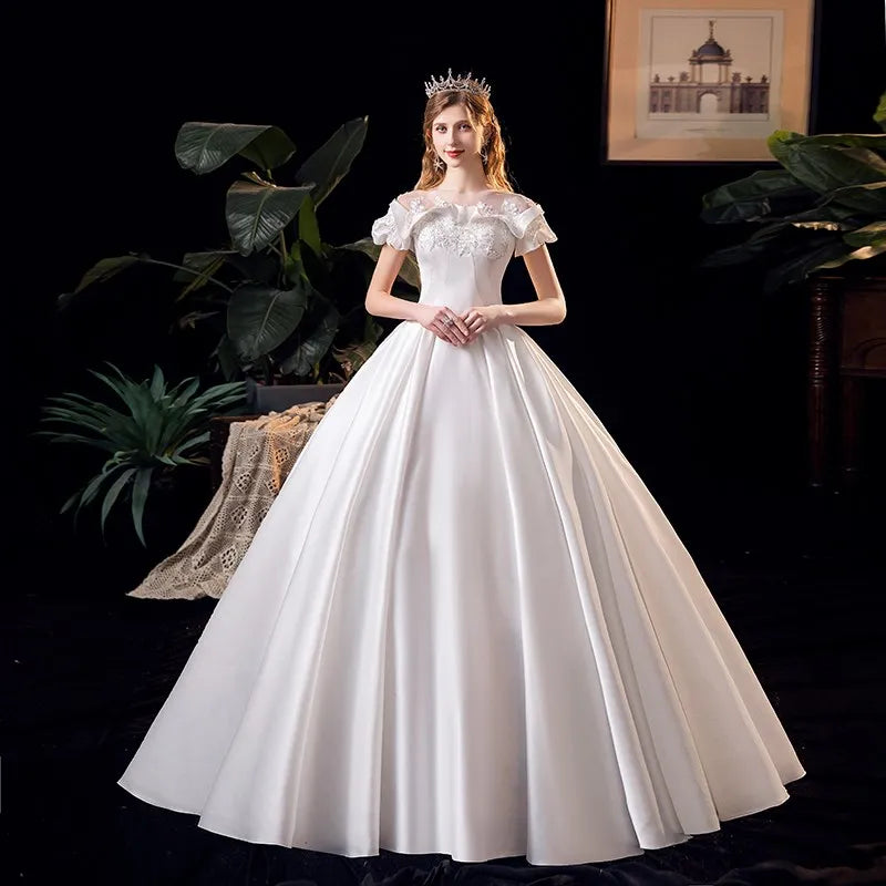 Elegant Ballgown Off-Shoulder Satin Bow-Accent Lace-Up Back Floor-Length Evening Dresses main image 0