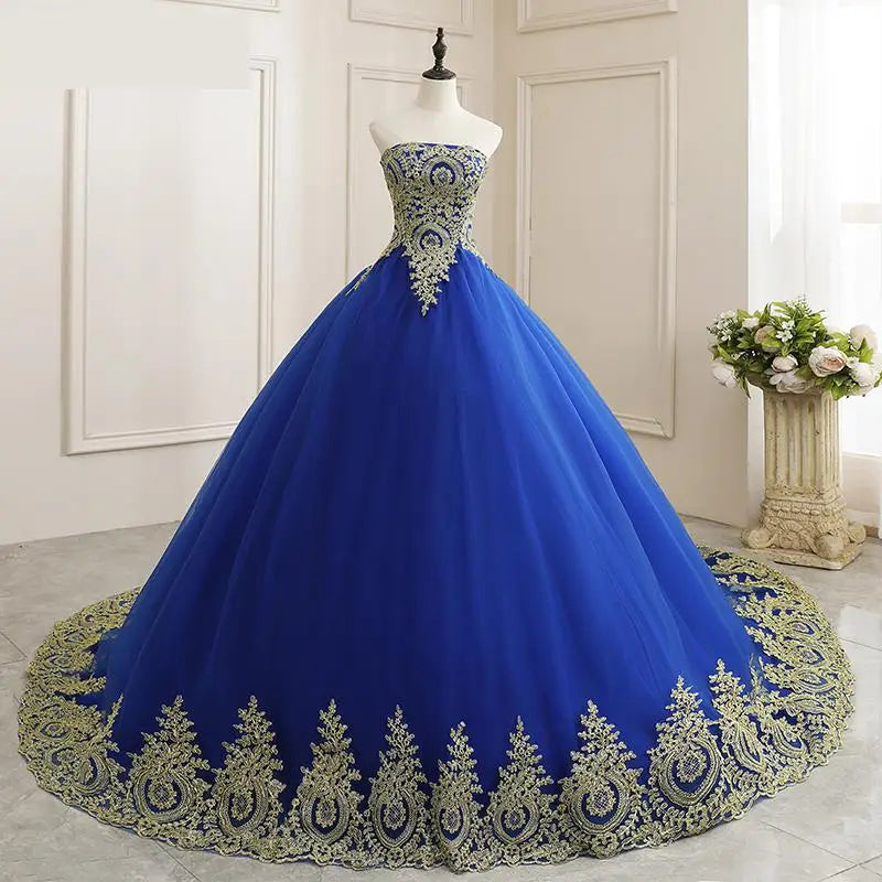 Royal Blue Embroidered Ball Gown With Gold Appliques on Luulla