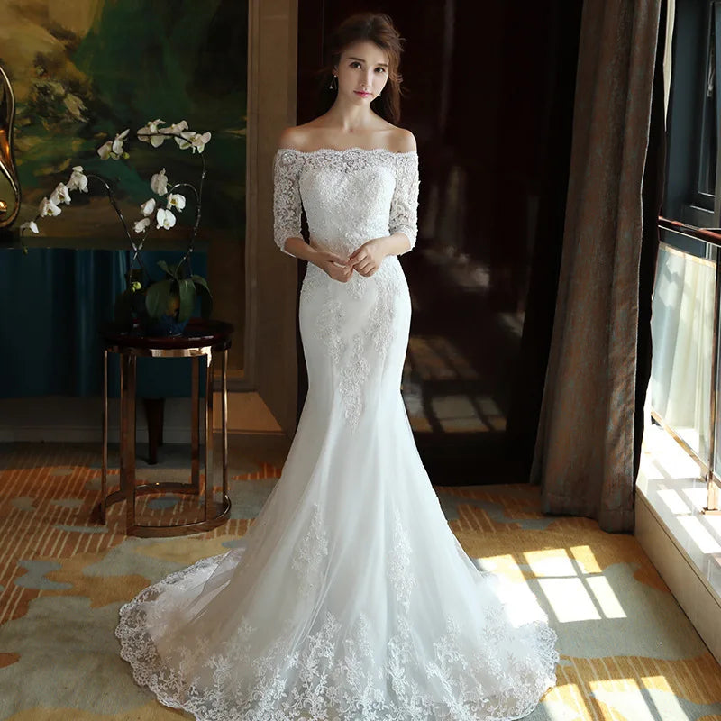 Elegant Off-shoulder Lace Bridal Gown With Train on Luulla