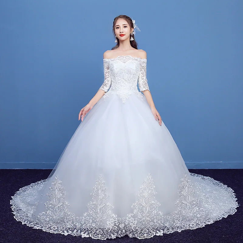 Elegant Off-shoulder Lace Bridal Gown With Train on Luulla