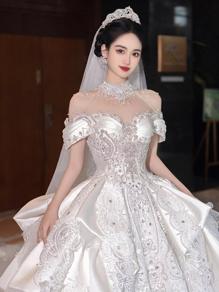New Special Sparkly Beading Crystal Sequins A-Line Off the Shoulder Wedding Dress main image 1