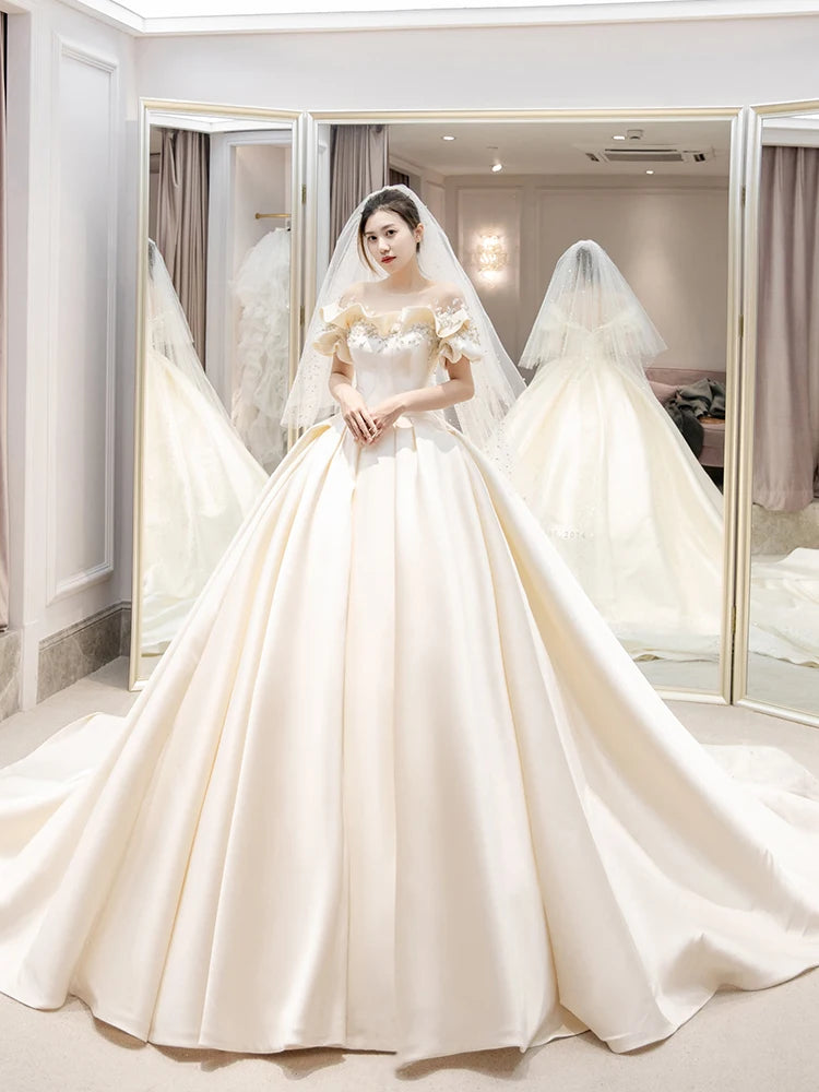 Elegant Chiffon Off-the-shoulder Keyhole Back Bridal Gown with Court Train main image 1