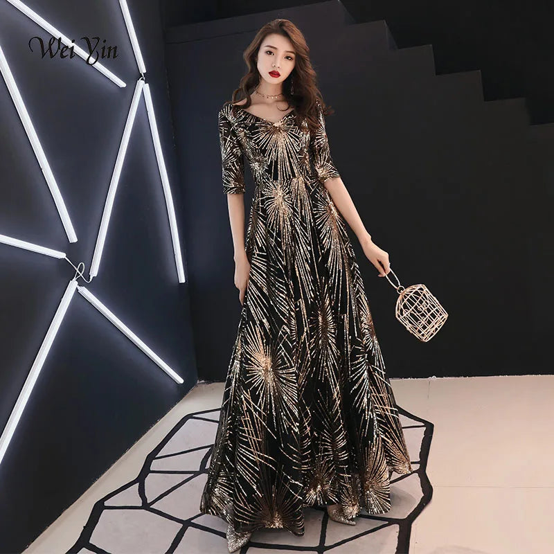 Elbow-Sleeve V-Neck Sequin A-Line Evening Gown main image 1