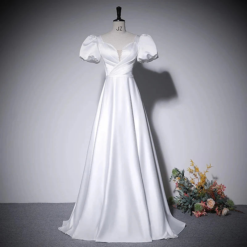 Elegant Satin A-line Wedding Dress With Puff Sleeves on Luulla