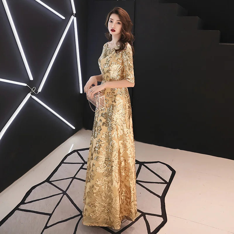 Elegant Golden Floral Embroidered Evening Gown Dress on Luulla