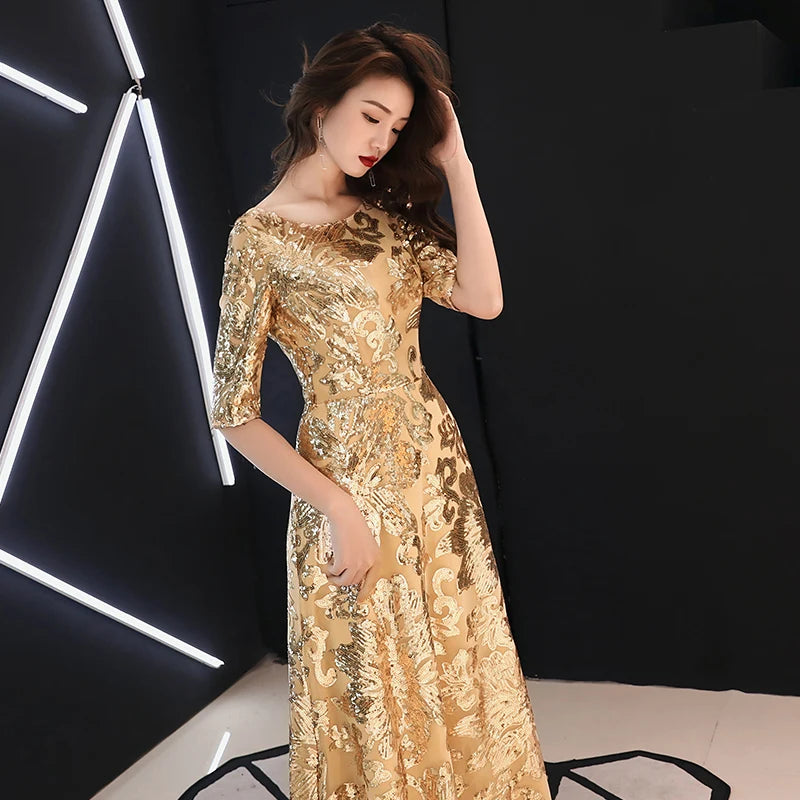 Elegant Golden Floral Embroidered Evening Gown Dress on Luulla