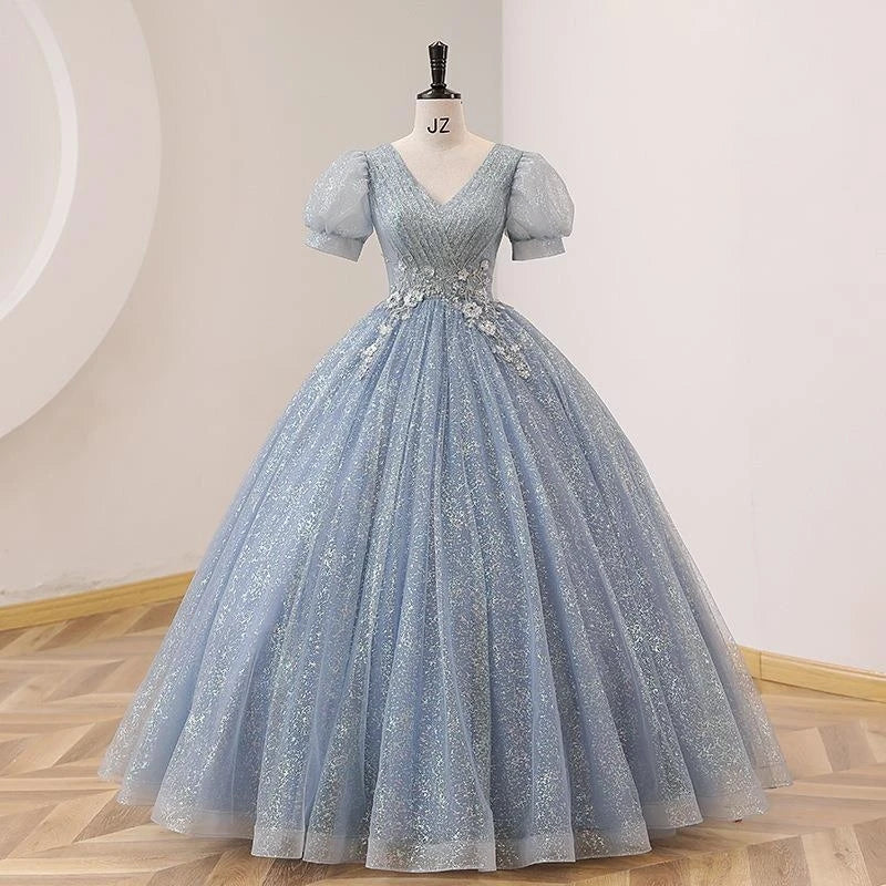 Elegant Blue Glittered Ball Gown With Sleeves on Luulla