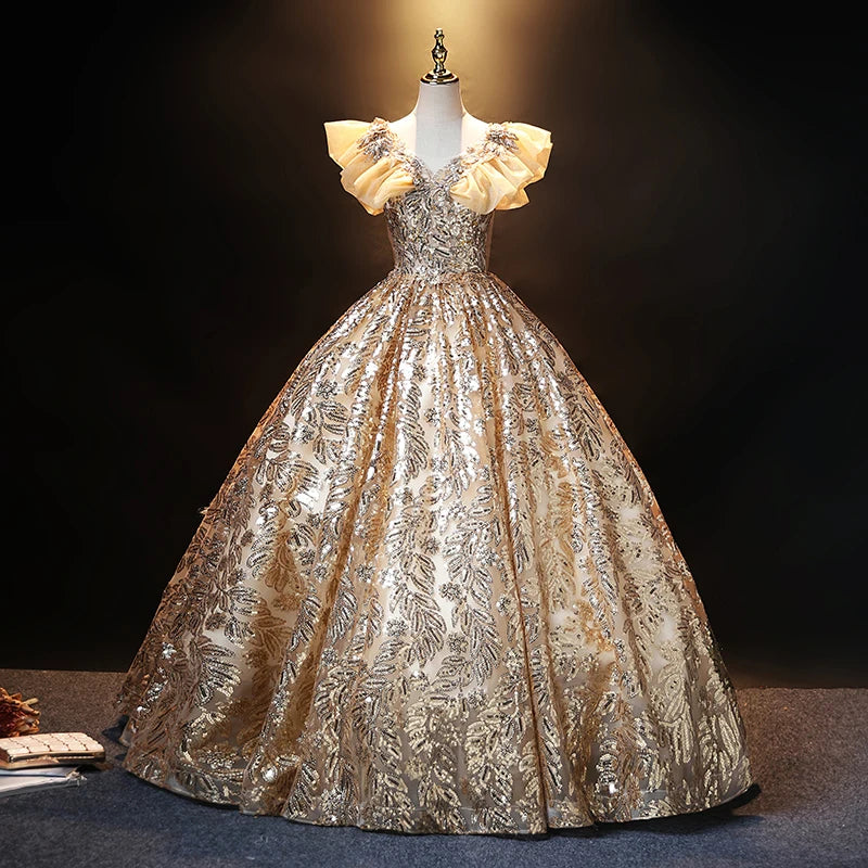 Luxurious Gold Embroidered Ball Gown With Puffed Sleeves on Luulla