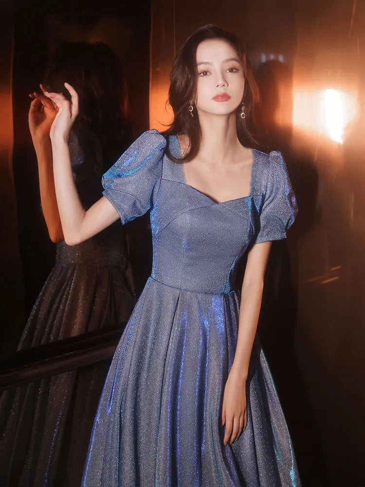 Elegant Sparkling Blue Evening Gown With Puff Sleeves on Luulla
