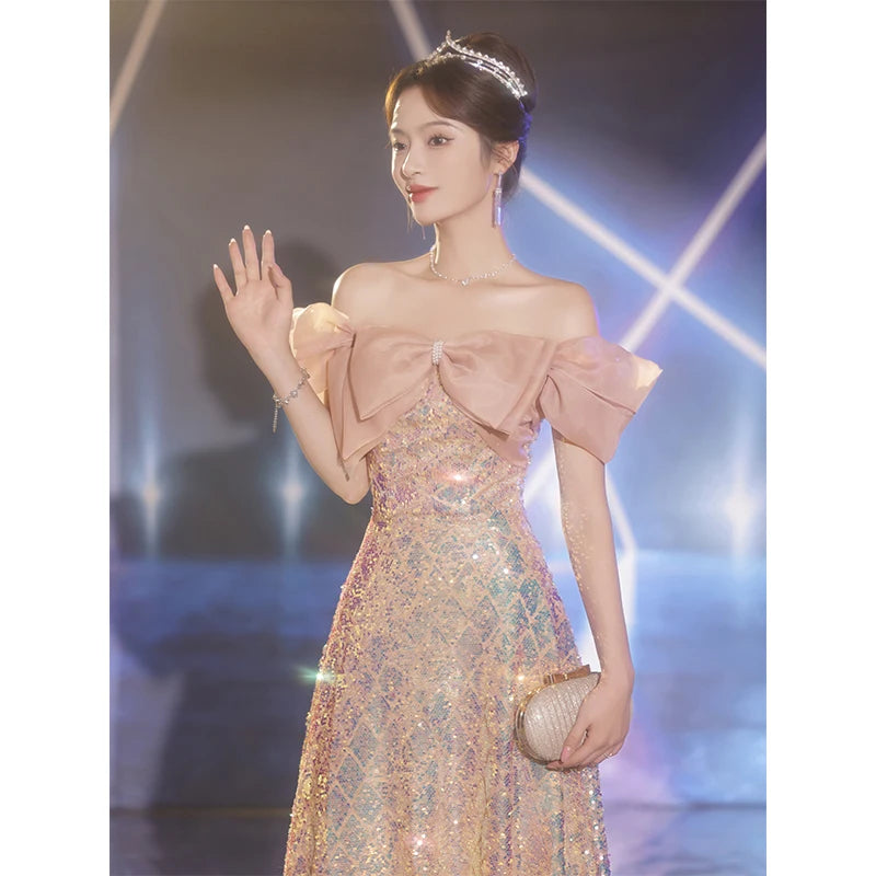 Elegant Off-the-shoulder Bow Sequin Evening Gown on Luulla