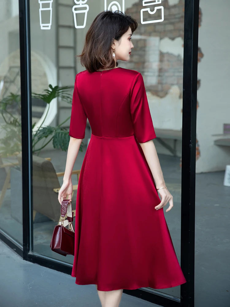 Burgundy Silk Midi Dress with 3D Floral Appliqué & Crystal Belt