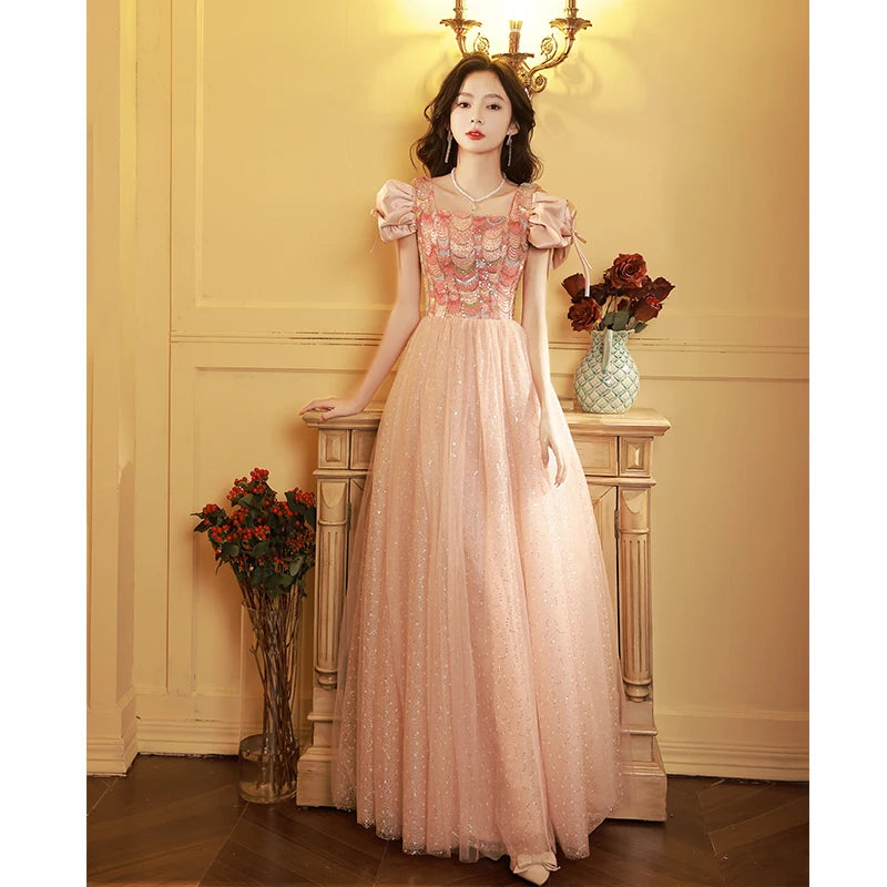 Sparkly Pink Floral A-Line Sequin Long Ball Dress with Bows main image 1