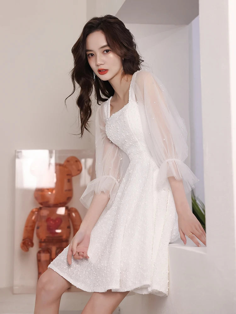 black hoco dress Sweet Lace Sequin Homecoming Dress, Off The Shoulder Dress, 15 Black and White Neckline_Deep V Neck Color:Ivory Multi