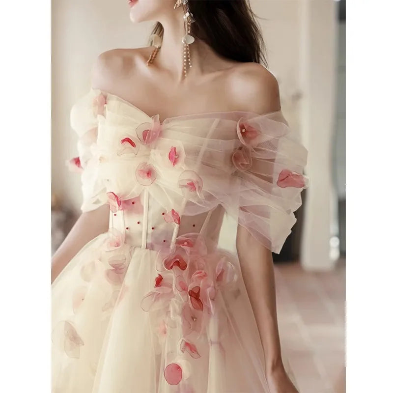 Elegant Off-shoulder Floral Applique Tulle Evening Gown on Luulla
