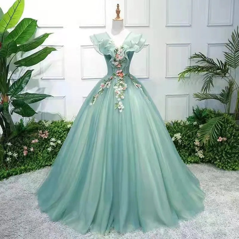 Elegant Floral Embroidered Tulle Evening Gown With Sleeves on Luulla