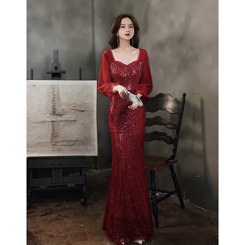 Women's evening dress long banquet sequined long sleeves sexy elegant