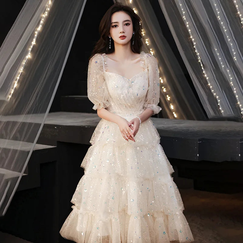 Elegant Sequined Tulle Evening Gown With Sheer Sleeves on Luulla