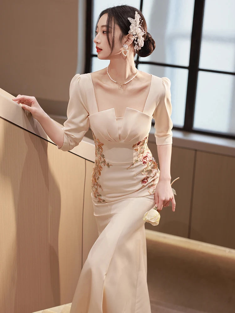Elegant Floral Embroidered Beige Evening Gown With Sleeves on Luulla