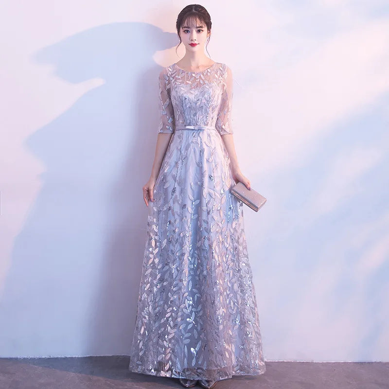 Elegant Floral Embroidered Tulle Evening Gown With Belt on Luulla